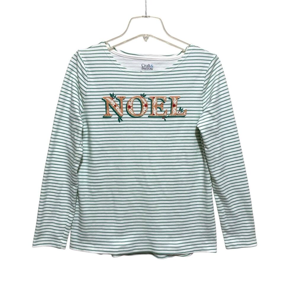 Croft & Barrow Top Womens Size XS Green White Striped Christmas Noel Knit Tee
